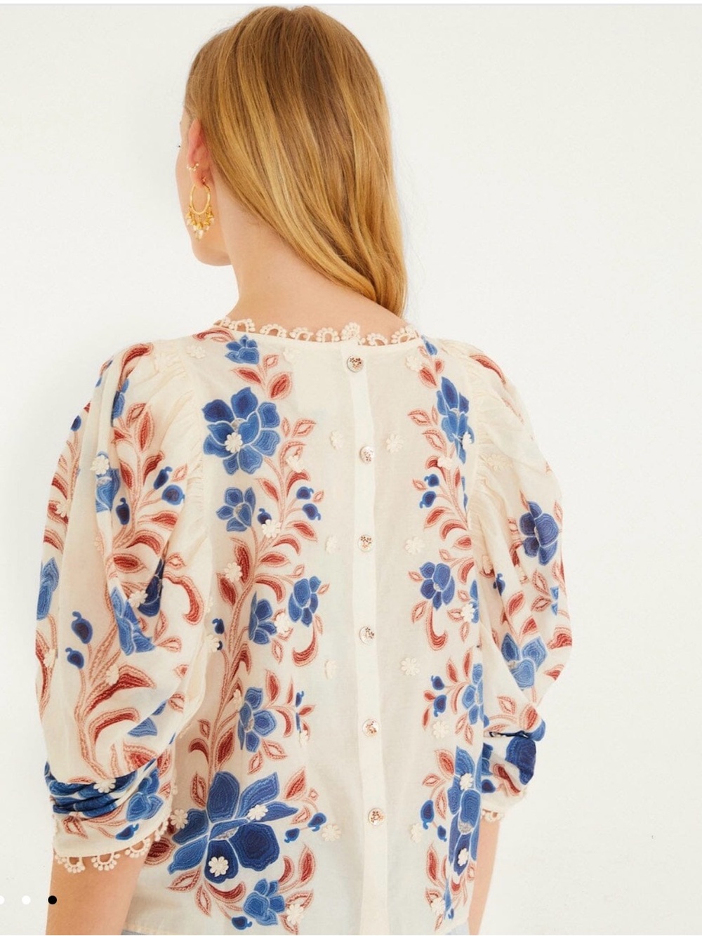 FARM Rio Ivory Puff-Sleeve Blouse with Blue & Rust Floral Embroidery - Picture 6 of 6